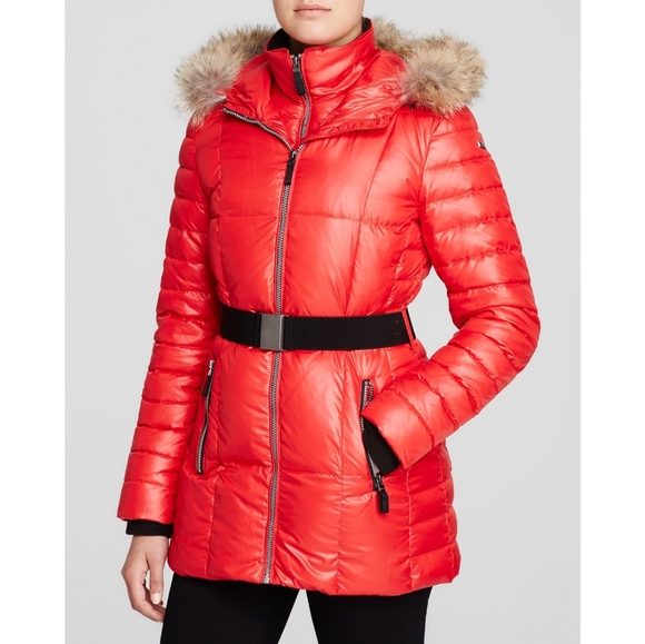 NWOT Marc New York Andew Marc Red Puffer Coyote Fur Hood Large - Picture 1 of 14